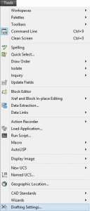 اجرای فرمان Drafting Settings از طریق نوار منوی بازشوی Tools