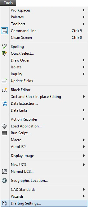 اجرای فرمان Drafting Settings از طریق نوار منوی بازشوی Tools
