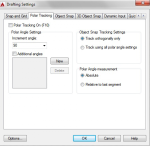 نمایش کادر محاوره‌ایDrafting Settings با فعال بودن سربرگ Polar Traking
