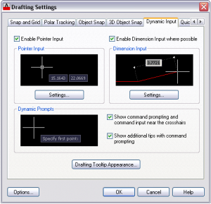 نمایش کادر محاوره‌ایDrafting Settings با فعال بودن سربرگ Dynamic Input