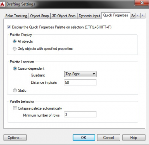 نمایش کادر محاوره‌ایDrafting Settings با فعال بودن سربرگ Quick Properties