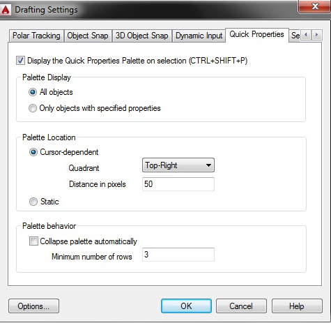 نمایش کادر محاوره‌ایDrafting Settings با فعال بودن سربرگ Quick Properties