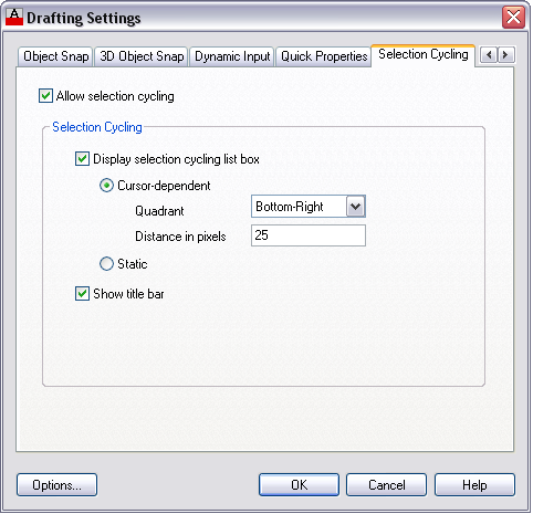 نمایش کادر محاوره‌ایDrafting Settings با فعال بودن سربرگ Selection Cycling