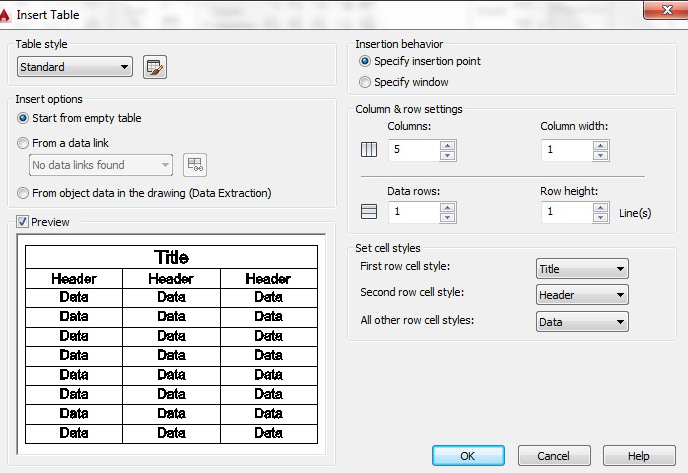 کادر محاوره‌ای Insert Table