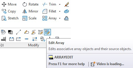 اجرای فرمان Edit Array اتوکد از طریق نوار ریبون در سربرگ Home پانل Modify