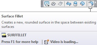 در نوار ابزار Surface Creation روی آیکون فرمان Surface Fillet کلیک ‌چپ می‌کنیم.